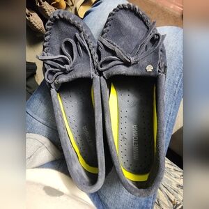 Minnetonka Dark Blue Moccasins with Yellow Insole
